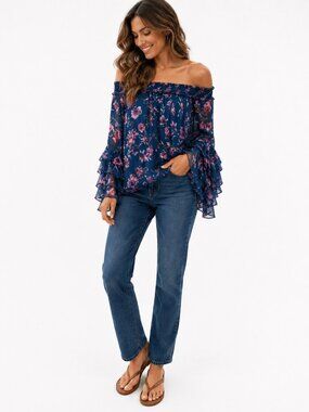 CeCe Off-The-Shoulder Blouse Long Sleeve Ruffle Blue Top Size Small